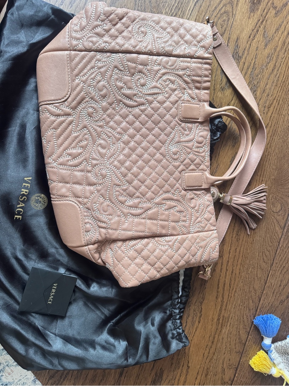 Versace Blush Quilted Leather Tote with Tassel